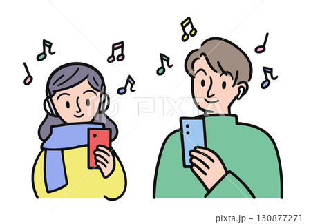 ヘッドホンとイヤホンをつけ、スマートフォンを手に音楽を聴いている男女のイラスト 130877271