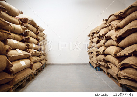 Warehouse Storing Jute Bags Filled With Coffee Beans Ready for Distribution and Processing 130877445