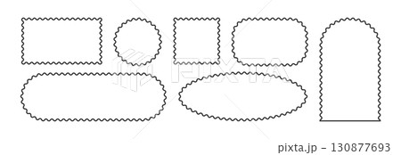Wavy scallop edge frame set. Wave rectangle, circle, oval geometric shape. Scalloped wiggle border. Squiggly clouds square stickers. Empty text boxes. Vector illustration isolated on white background 130877693