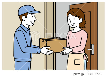 宅配業者から荷物を受け取る女性 130877766