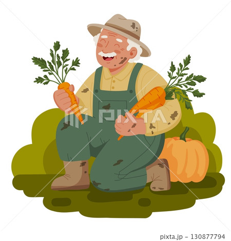 Happy Elderly Farmer Holding Fresh Carrots Concept Illustration 130877794