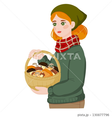 Young Happy Woman Harvesting Mushrooms in Forest Young Happy Woman Harvesting Mushrooms in Forest 130877796