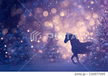 Winter Christmas background with fir forest, snowdrifts and horse silhouette. Golden bokeh glare. New Year banner or postcard. 130877895