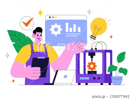3D Printing Workshop Vector Illustration Featuring an Innovative Fabrication Process with Desktop Modeling Equipment and Computer for Printing 130877942