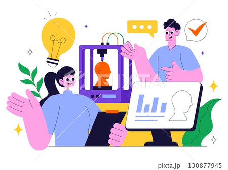 3D Printing Workshop Vector Illustration Featuring an Innovative Fabrication Process with Desktop Modeling Equipment and Computer for Printing 3D Printing Workshop Vector Illustration Featuring an Innovative Fabrication Process with Desktop Modeling Equipment and Computer for Printing 130877945