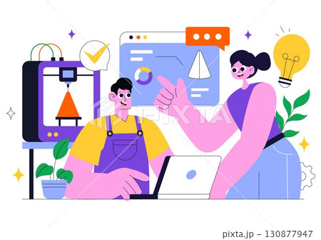 3D Printing Workshop Vector Illustration Featuring an Innovative Fabrication Process with Desktop Modeling Equipment and Computer for Printing 3D Printing Workshop Vector Illustration Featuring an Innovative Fabrication Process with Desktop Modeling Equipment and Computer for Printing 130877947