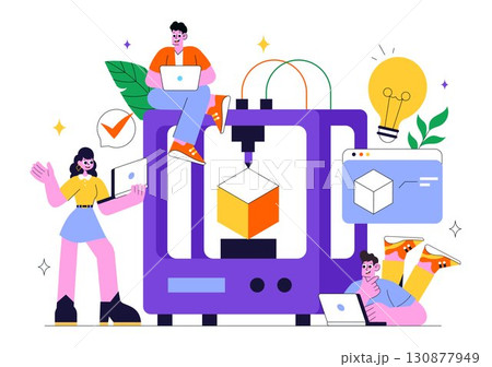 3D Printing Workshop Vector Illustration Featuring an Innovative Fabrication Process with Desktop Modeling Equipment and Computer for Printing 130877949