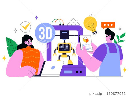 3D Printing Workshop Vector Illustration Featuring an Innovative Fabrication Process with Desktop Modeling Equipment and Computer for Printing 130877951
