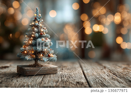 Decorative Christmas tree on natural wooden background with golden bokeh in the background. Copy space. Christmas banner 130877971
