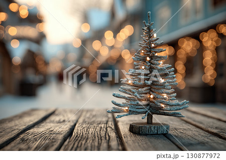 A small decorative fir tree is decorated with garland and stands on a wooden table with a blurred city background. Christmas banner with space for text. 130877972