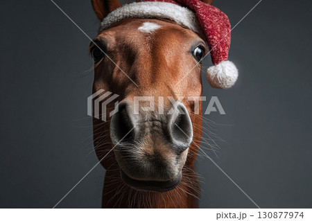 Close-up of horse head in red santa claus hat on dark background. Horse symbol of new year 2026 130877974