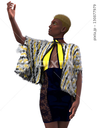 3D Dark Skinned Woman wears Faux Fur Cape 130877979