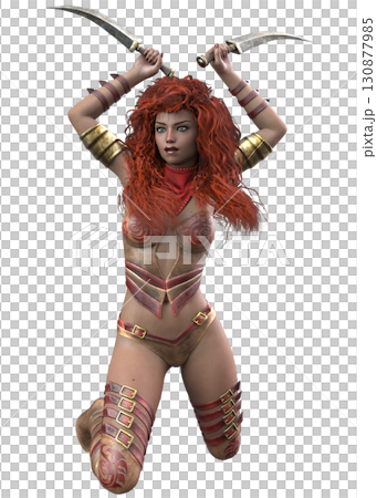 3D Fantasy Warrior Woman with Curly Red Hair and Dual Blades 130877985