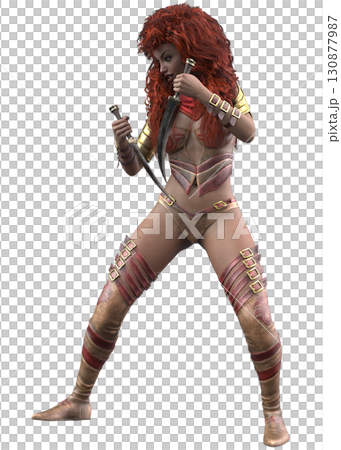 3D Fantasy Warrior Woman with Curly Red Hair and Dual Blades 130877987