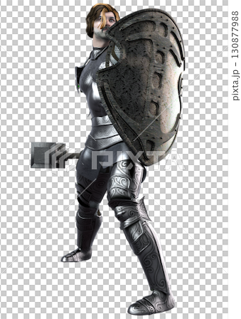3D Medieval Knight in Armor with Hammer and Shield 130877988