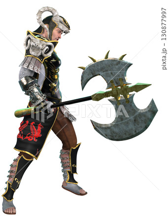 Fantasy Warrior in Black and Gold Armor Holding Battle Axe Fantasy Warrior in Black and Gold Armor Holding Battle Axe 130877997