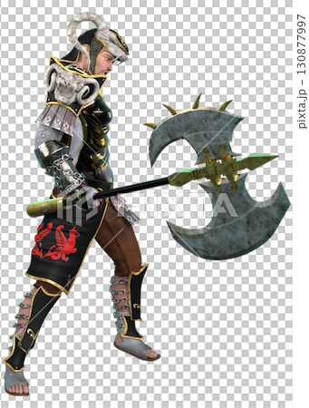 Fantasy Warrior in Black and Gold Armor Holding Battle Axe Fantasy Warrior in Black and Gold Armor Holding Battle Axe 130877997