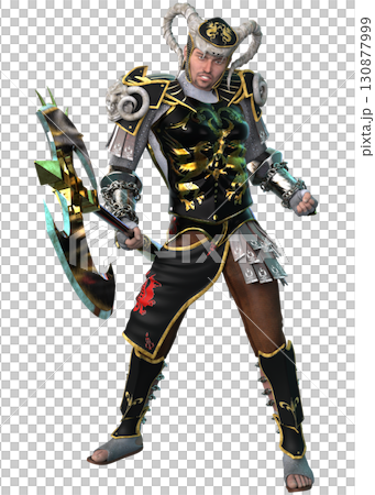 Fantasy Warrior in Black and Gold Armor Holding Battle Axe Fantasy Warrior in Black and Gold Armor Holding Battle Axe 130877999