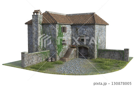 Medieval Stone Cottage with Ivy 3D Illustration Medieval Stone Cottage with Ivy 3D Illustration 130878005