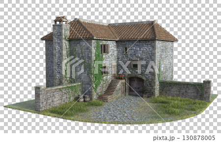 Medieval Stone Cottage with Ivy 3D Illustration Medieval Stone Cottage with Ivy 3D Illustration 130878005