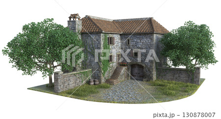 Medieval Stone Cottage with Ivy 3D Illustration 130878007