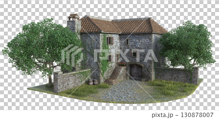 Medieval Stone Cottage with Ivy 3D Illustration 130878007