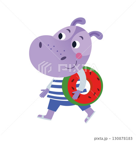 Hippo walk with inflatable ring to lake to swim in summer. Hand drawn isolated vector illustration on white background. Hippo walk with inflatable ring to lake to swim in summer. Hand drawn isolated vector illustration on white background. 130878183