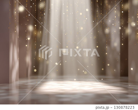 Falling confetti with warm lights on dark surface. Ideal for celebration design, it showcases glittering specks and a joyful mood. Perfect for special occasions. 130878223