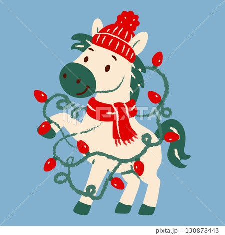 Cute Christmas Horse with Lights and Winter Hat 130878443