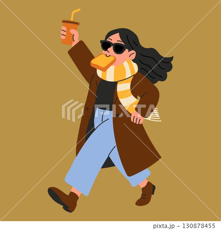 Woman Rushing with Coffee and Toast in Autumn Outfit 130878455