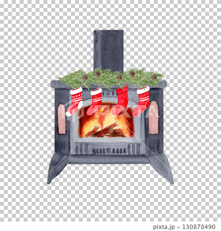 Stove with burning fire, with pine branches, red stockings. Watercolor isolated on white ideal for Christmas cards, posters, invitations, scrapbooking, and cozy holiday design. Festive fireplace 130878490