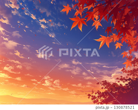 真っ赤な紅葉と夕焼け空　AI画像 130878521