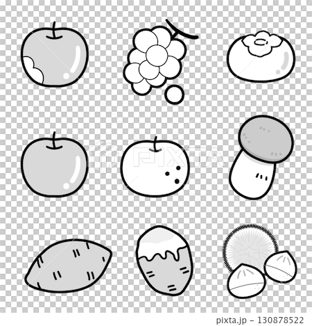 かわいい秋の味覚イラストセット★モノクロ版 130878522