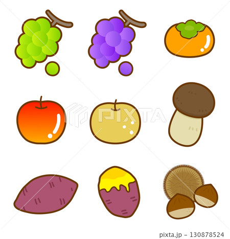 かわいい秋の味覚イラストセット★主線あり版 かわいい秋の味覚イラストセット★主線あり版 130878524