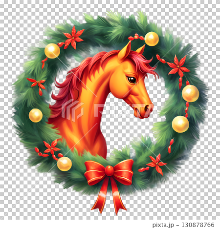 Red Fire Horse with Christmas Wreath and New Year Decorations Symbol of Chinese Zodiac 130878766