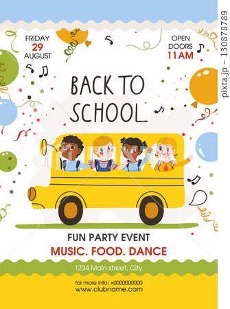 Back to School banner template with kids and yellow school bus. Colored illustration for 1st of September Back to School banner template with kids and yellow school bus. Colored illustration for 1st of September 130878789