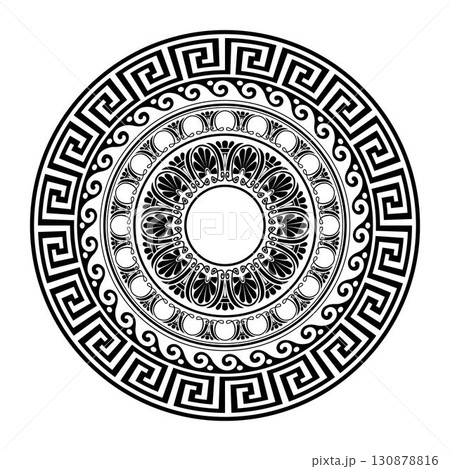 Vector round monochrome classic greek frame. Greek meander. Patterns of Greece, ancient Rome. Circle european border. Round antique border from Greek. Typical egyptian, assyrian and greek motives  130878816