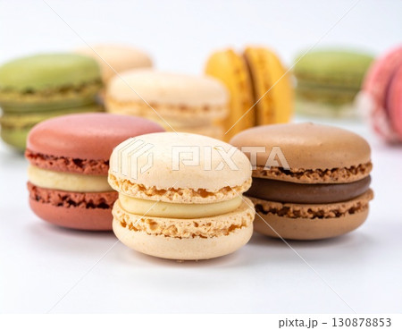 Colorful French Macarons on White Background Colorful French Macarons on White Background 130878853