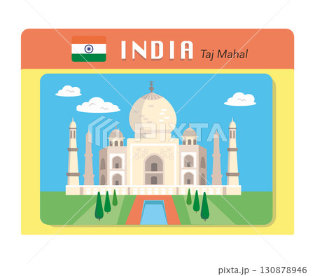 Taj Mahal, famous palace in India. Landmark and symbol of country. Isolated flat vector illustration on background. 130878946