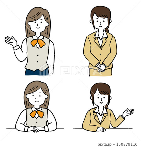 制服を着た若い女性が受付で案内をしているイラスト4点セット 制服を着た若い女性が受付で案内をしているイラスト4点セット 130879110