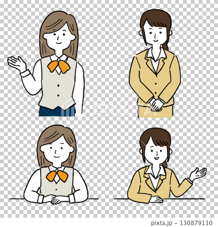 制服を着た若い女性が受付で案内をしているイラスト4点セット 制服を着た若い女性が受付で案内をしているイラスト4点セット 130879110