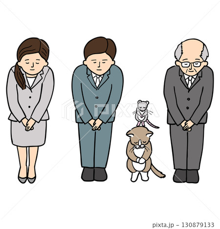 スーツを着た女性と男性が丁寧にお辞儀をしている5点セット 130879133