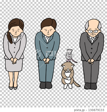 Five-piece set featuring a woman and man in a suit bowing politely Five-piece set featuring a woman and man in a suit bowing politely 130879133