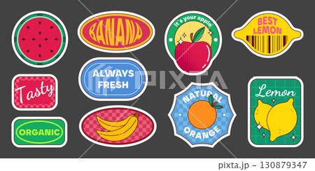 Retro fruit stickers set isolated on black 130879347