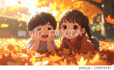 アニメ風、落ち葉の上で遊ぶ子どもたち、楽しそうな表情 130879395