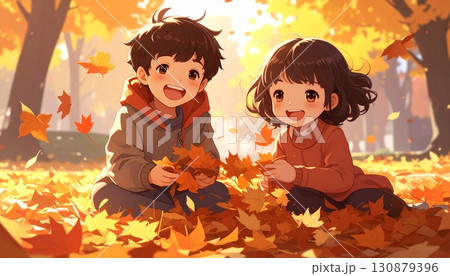 アニメ風、落ち葉の上で遊ぶ子どもたち、楽しそうな表情 130879396