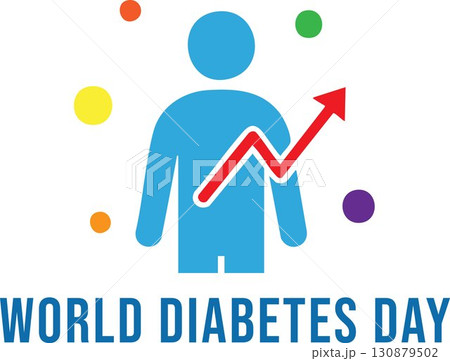Colorful World Diabetes Day illustration with human figure, rising arrow symbolizing blood sugar, and vibrant circular accents promoting global health awareness. Colorful World Diabetes Day illustration with human figure, rising arrow symbolizing blood sugar, and vibrant circular accents promoting global health awareness. 130879502
