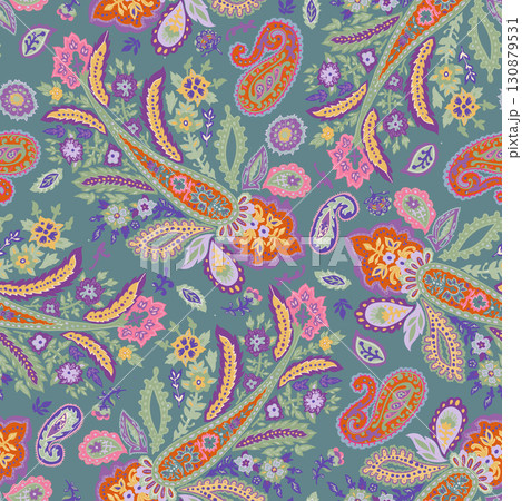 Blue Background Paisley Seamless Pattern 130879531