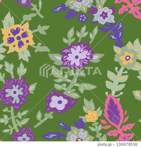 Green Background Floral Seamless Pattern 130879536