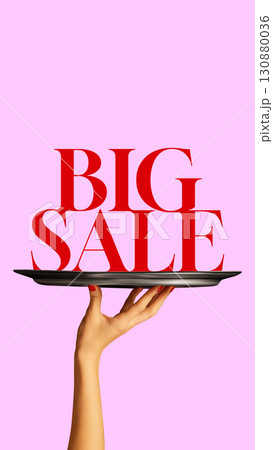 Collage of Big Sale bold red typography on black tray with female hand and pink pastel background Collage of Big Sale bold red typography on black tray with female hand and pink pastel background 130880036